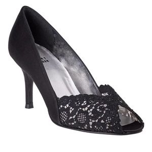 Stuart Weitzman Black Lace Peep Toe Heels